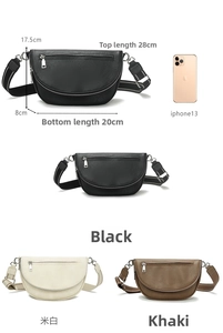 Detailed size chart for textured leather crossbody bag with iPhone 13 scale comparison