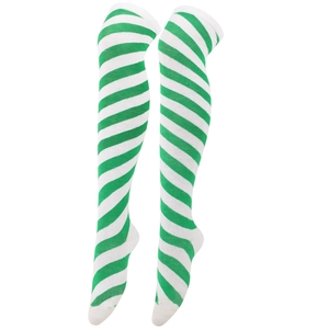 Close-up of green and white striped over-knee socks with elastic knitted cotton texture