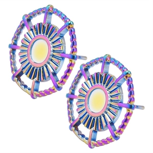 Macro view of rainbow stainless steel stud earrings with woven texture and shell inlay