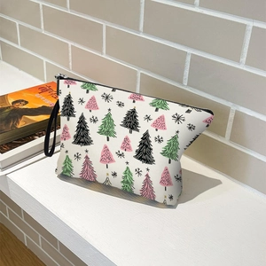 Portable Christmas tree and snowflake makeup bag with zipper and wrist strap