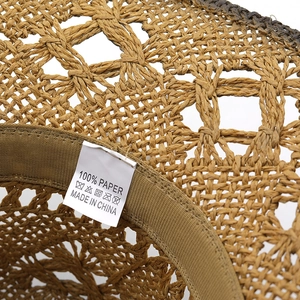 Hollow weave paper sun hat with detailed view of 100% paper material and inner sweatband