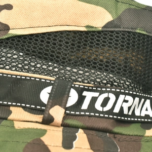 Close-up of jungle camo hat featuring breathable mesh panels and branded ribbon detail