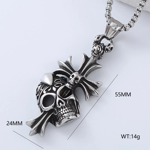 Gothic silver skull cross pendant showing dimensions 55mm by 24mm and weight 14g
