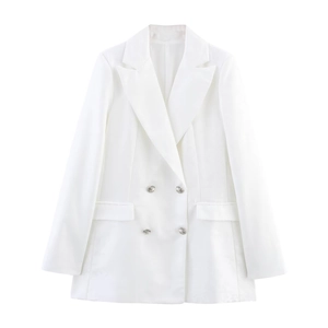 Women's white double-breasted blazer set with silver buttons and tailored flap pockets
