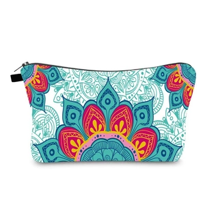 Vibrant mandala pattern cosmetic bag with zipper, durable floral makeup travel pouch