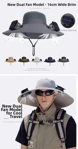 Détail du chapeau de soleil à large bord 16cm avec deux ventilateurs solaires réglables