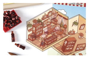 Detail of bakery theme PET stickers showing cute bear and cat characters in a mini shop