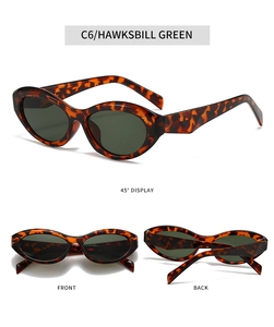 Detailed views of tortoise shell oval sunglasses with green lenses from multiple angles