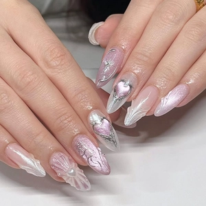 Press On Nails Pink Purple Cat Eye 3D Relief Gold Star Heart Designs Artificial Pearl Glossy Almond Fake Nails With Jelly Glue And File