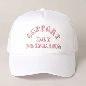 White trucker hat with pink chenille embroidery Support Day Drinking and mesh back