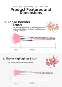 Detailed view of powder and highlighter brushes with diamond stems and size dimensions