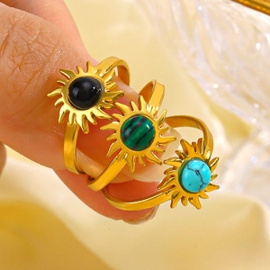 Sunburst Flower Open Ring Stainless Steel Gold Plated Bohemian Ethnic Retro Adjustable Gemstone Inlay Jewelry For Women