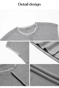 Detailed views of grey knitted top featuring texture and contrast stitching accents