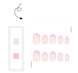 Detail of short round French press-on nails with rose pink tips and translucent base