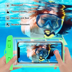 Waterproof phone pouch in green with secure lock seal for underwater touch screen photography