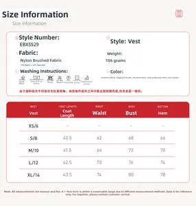 Size chart for EBX5529 yoga vest with fabric specs and measurements for S to XL sizes