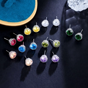 Luxury Cupronickel Crown Stud Earrings With Round Cut Zirconia Inlaid Colorful Sparkling Jewelry For Women Banquet Daily Wear