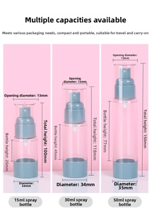 Three travel spray bottles in 15ml 30ml and 50ml sizes with detailed measurements
