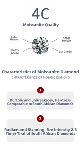 Detail showing Moissanite gemstone quality with 4C standards and high fire brilliance