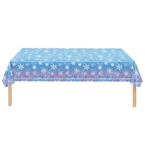 Rectangular winter theme tablecloth with blue gradient patterns and white snowflakes