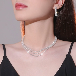 Alloy Rhinestone Necklace And Tassel Earrings Jewelry For Bridal Wedding Banquet Women Shiny Multi Layer Elegant