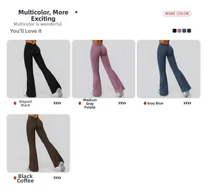 V-waist high rise yoga flare pants shown in black, mauve, grey blue, and dark coffee