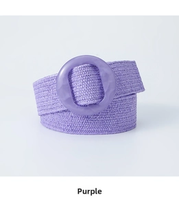 Close-up detail of the purple Bohemian woven elastic belt featuring a round resin buckle