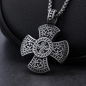 Antique silver Celtic Knot cross pendant in stainless steel with a vintage finish bead chain