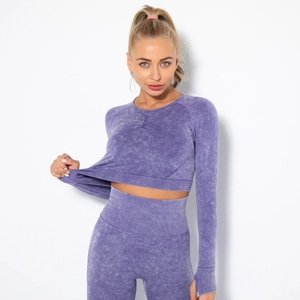 Close-up of seamless purple acid wash yoga set with thumb holes and ribbed texture