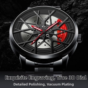 Macro detail of 3D wheel hub watch face with red brake caliper and vacuum plating finish
