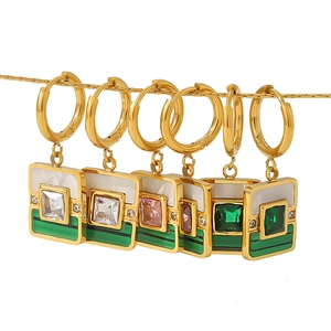 Luxury 18k gold plated stainless steel hoop earrings with emerald zircon pendants
