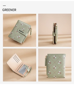 Detailed views of a green PU leather short wallet with white floral patterns and card slots
