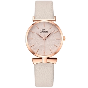 Elegant women quartz watch with rose gold leaf pattern dial and pink leather strap