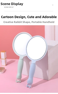 Detail of portable handheld makeup mirrors with cute rabbit handles in pastel blue and green