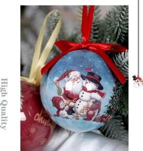 Detail of blue Christmas ball with Santa illustration and red Merry Christmas ornament