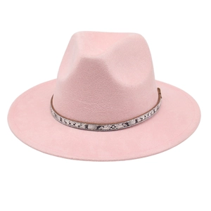 Pink wool fedora hat featuring a snake print band with sparkling rhinestone accents