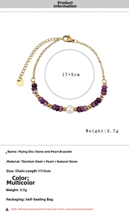 Detail of beaded bracelet with purple gravel, white pearl and gold stainless steel chain