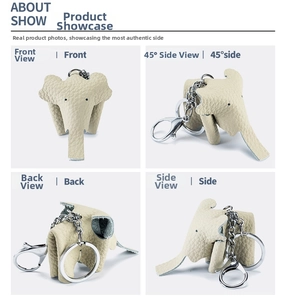 Detailed views of an off-white genuine leather elephant keychain with silver hardware