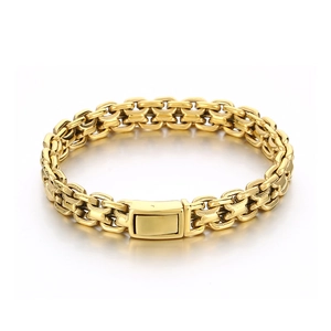 Polished 10mm golden stainless steel link bracelet with a sleek rectangular clasp