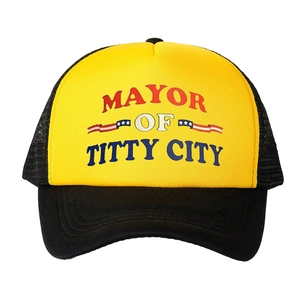 Klassische gelbe und schwarze Trucker-Mütze mit Mayor of Titty City-Print und Mesh