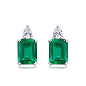 Vintage emerald stud earrings in S925 sterling silver with pear-cut zircon accents