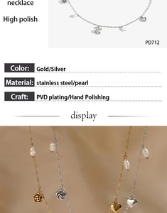 Détails de colliers en acier or et argent avec pendentifs rose et cœur et perles