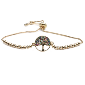 Adjustable gold tree of life bracelet with multicolor zircon stones and box chain