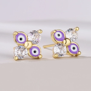 Evil Eye Stud Earrings Gold Plated Copper Geometric Zircon Enamel Jewelry For Women Fashion