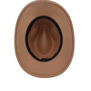 Inside view of felt fedora hat showing size 57 label and black inner sweatband detail