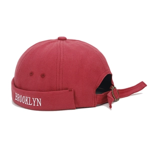 Retro red brimless docker hat with white Brooklyn embroidery and adjustable strap