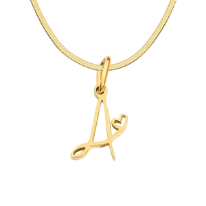Letter A pendant necklace with heart detail in gold finish on a fine snake chain