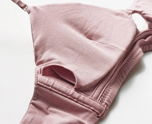 Detail of soft ribbed bralette inner pocket for removable pads in dusty rose color