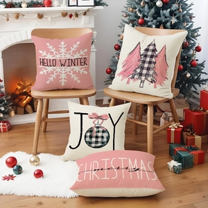 Set di 4 federe natalizie in lino rosa per la decorazione del divano e della casa