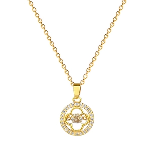 Elegant gold clover necklace featuring a sparkling circular halo pendant with a central gem